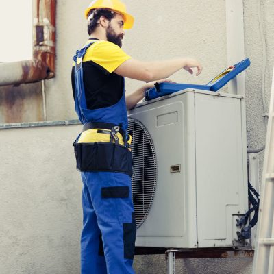 Experienced repairman contracted to recondition external air conditioner starting task. Qualified engineer wearing protective gear preparing to mend malfunctional outdoor hvac system