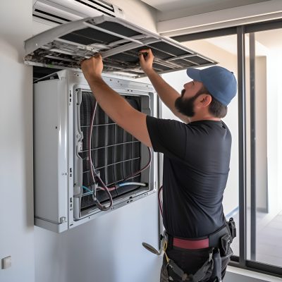 Technician Repairing Air Conditioner With Electrician Fixing Air Conditioner